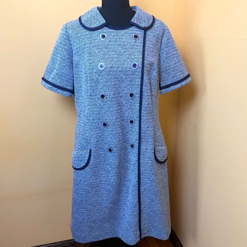VTG 60s 70s Tribute Dress Blue Faux Tweed Double Breasted Mod Shift Dress Retro